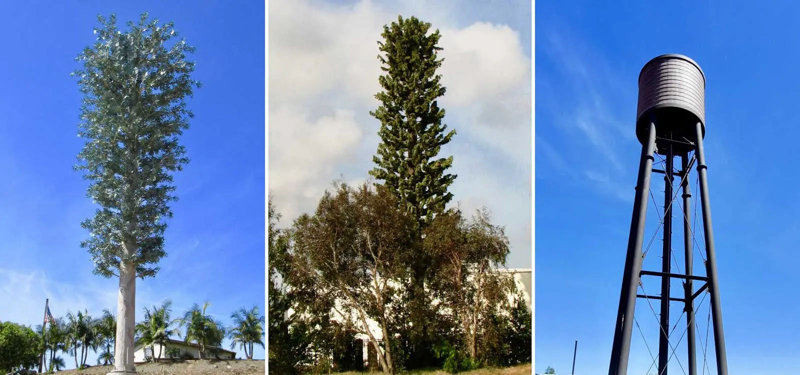Close-up view of camouflaged cell tower antennas concealed within artificial tree branches and foliage